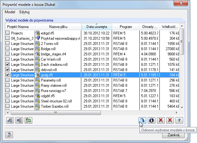 Wiederherstellen aus dem Dlubal-Papierkorb