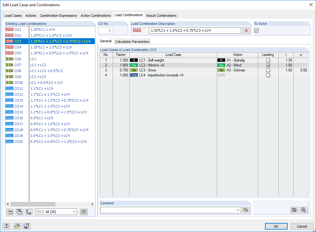 Wygenerowane kombinacje obciążeń dla obliczeń