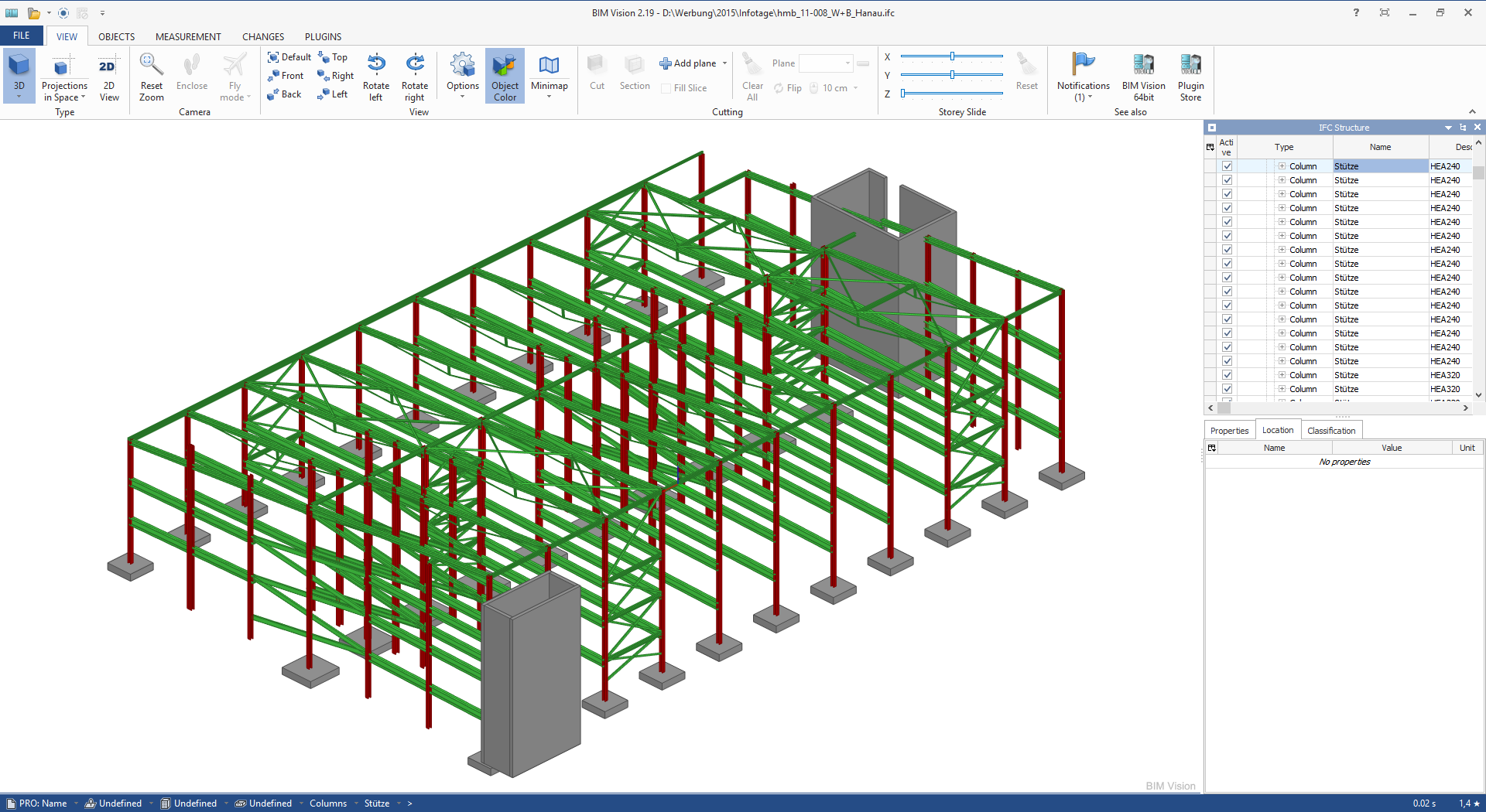Wizualizacja modelu BIM w przeglądarce z opcją wyświetlania przekrojów, materiału i wymiarów