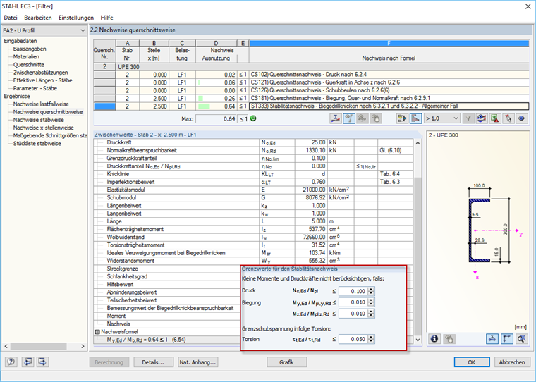 Wartości graniczne dla przypadku 2 i pomyślna analiza wyboczenia skrętnego