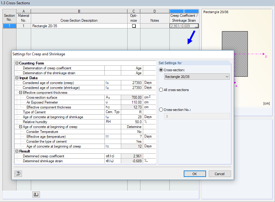 Window '1.3 Cross-Sections' with Settings for Creep and Shrinkage
