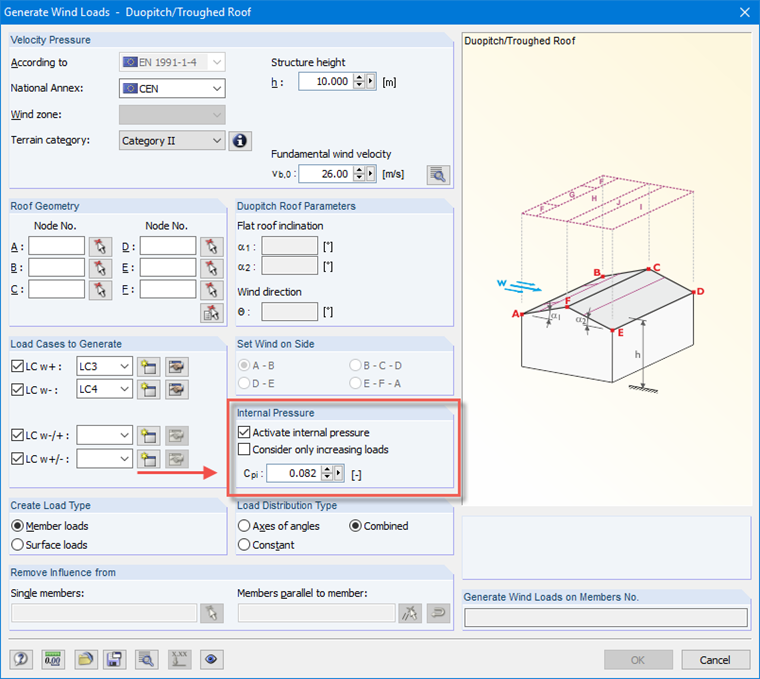 Wprowadzanie współczynnika ciśnienia wewnętrznego w generatorze obciążenia wiatrem w programie RFEM