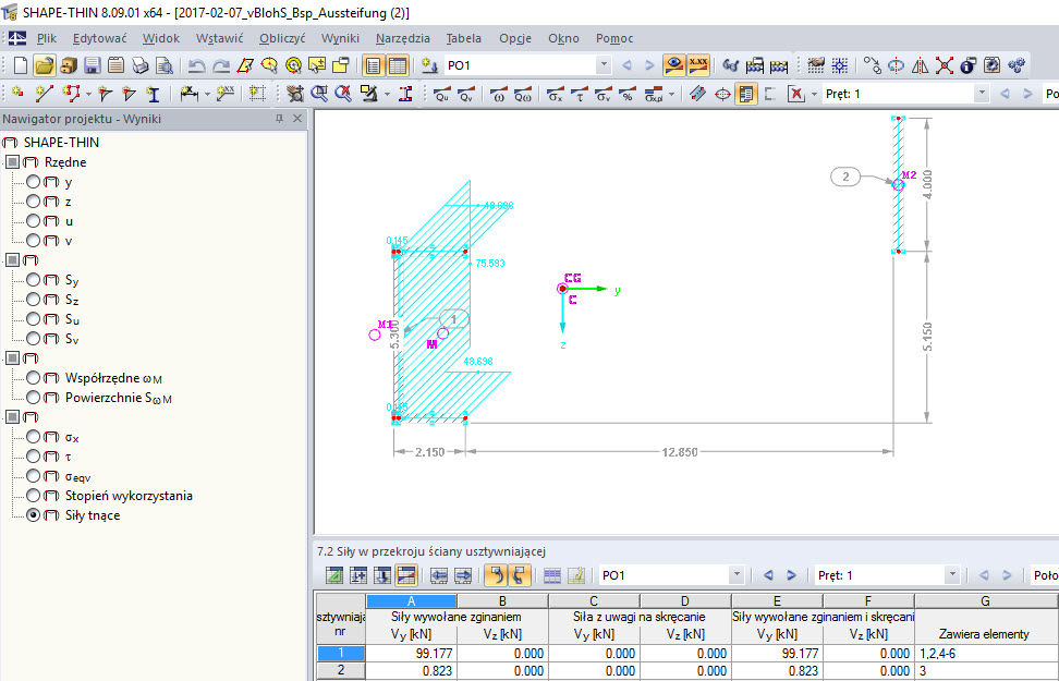 Siły w przekroju ściany usztywniającej