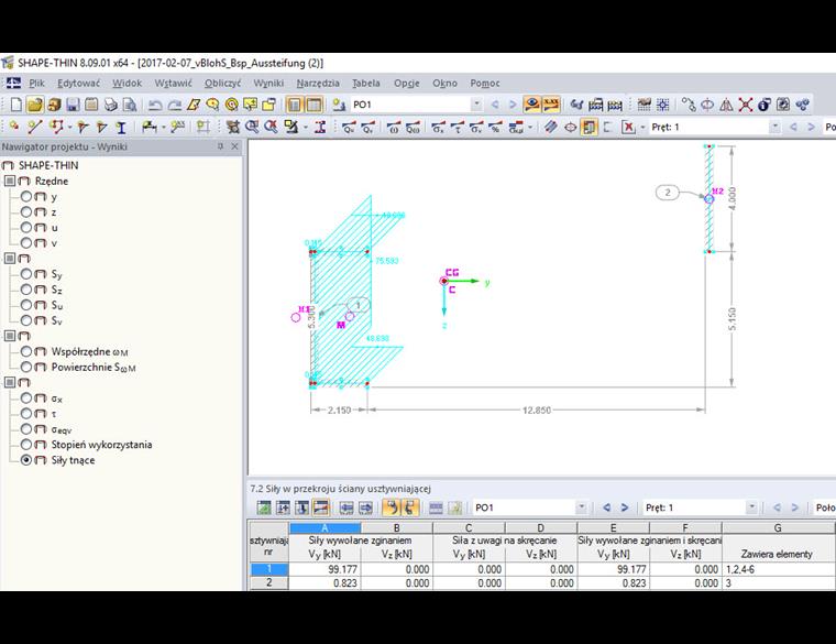 Siły w przekroju ściany usztywniającej