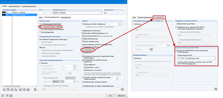 Berücksichtigung der Vorverformung für Lastfälle bzw. Kombinacje obciążeń