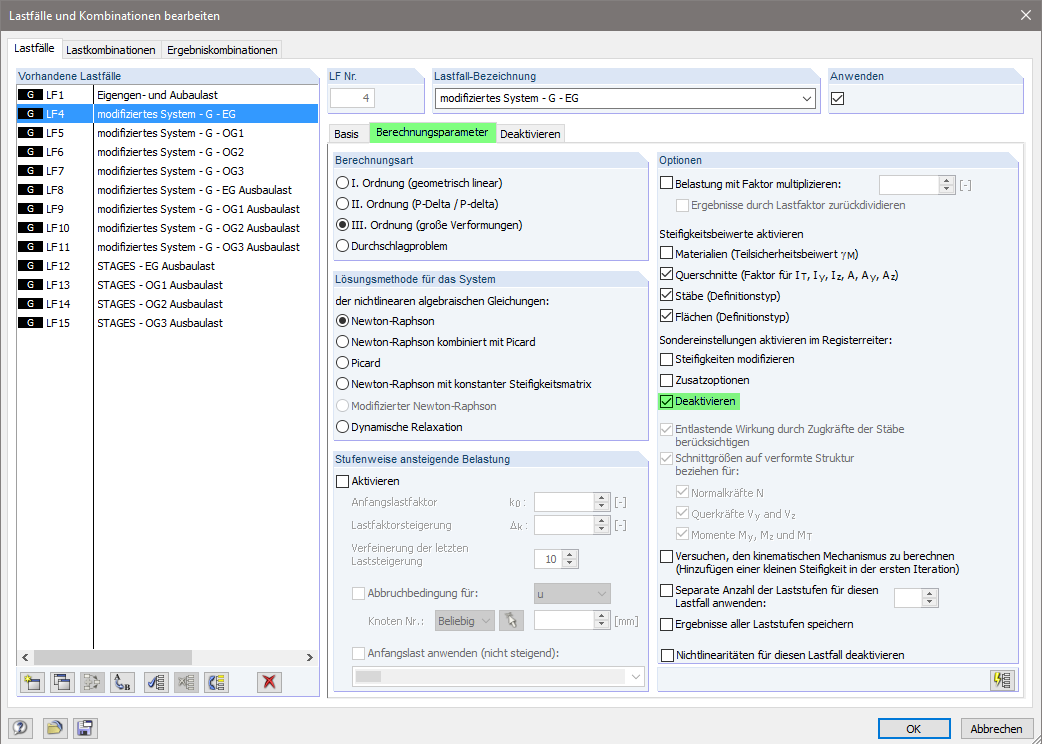 Parametry obliczeń przypadków obciążeń