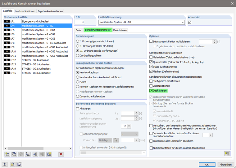 Parametry obliczeń przypadków obciążeń