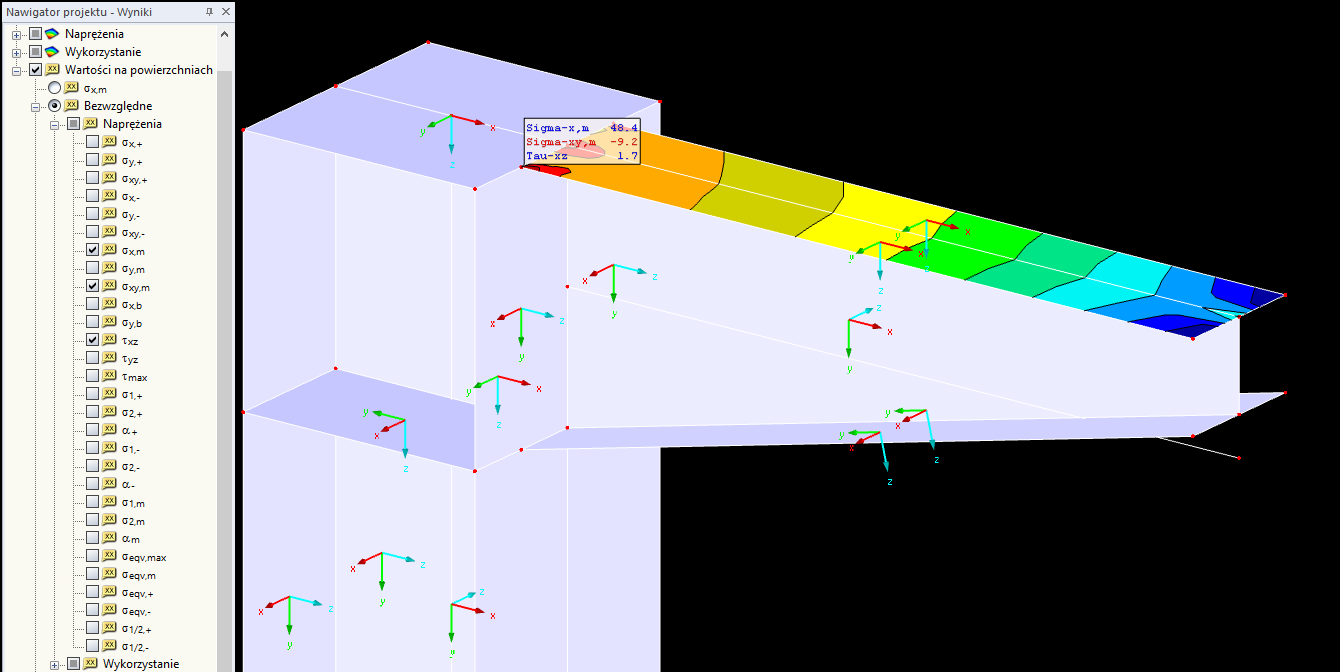 Naprężenia w RF-STEEL Surfaces dla obliczania spoin liniowych