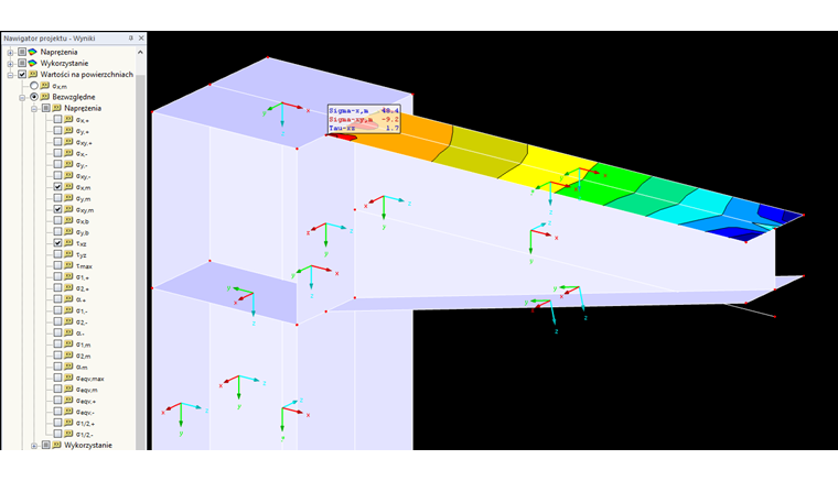 Naprężenia w RF-STEEL Surfaces dla obliczania spoin liniowych