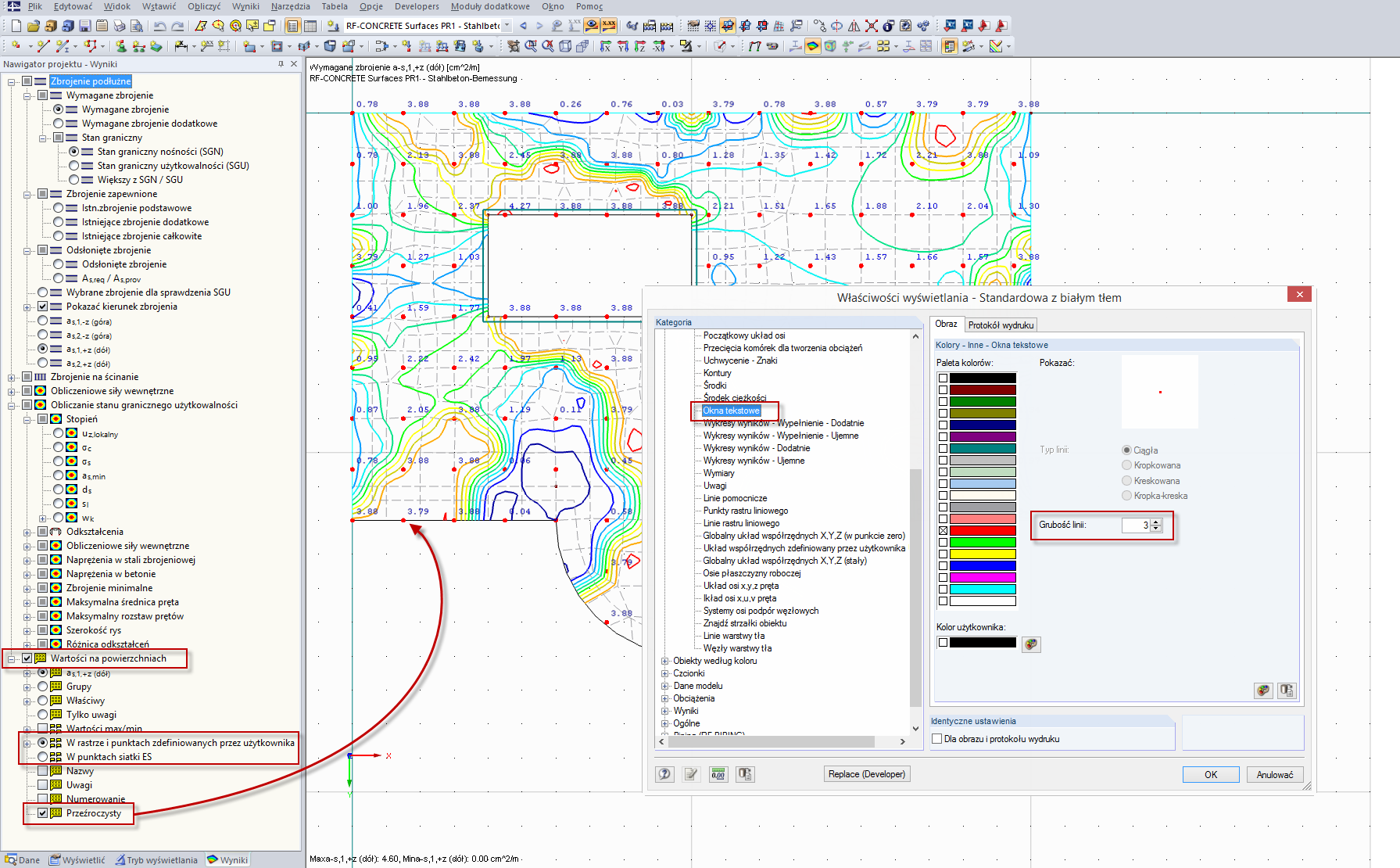 Wyświetlanie wartości wyników w RF-CONCRETE Surfaces