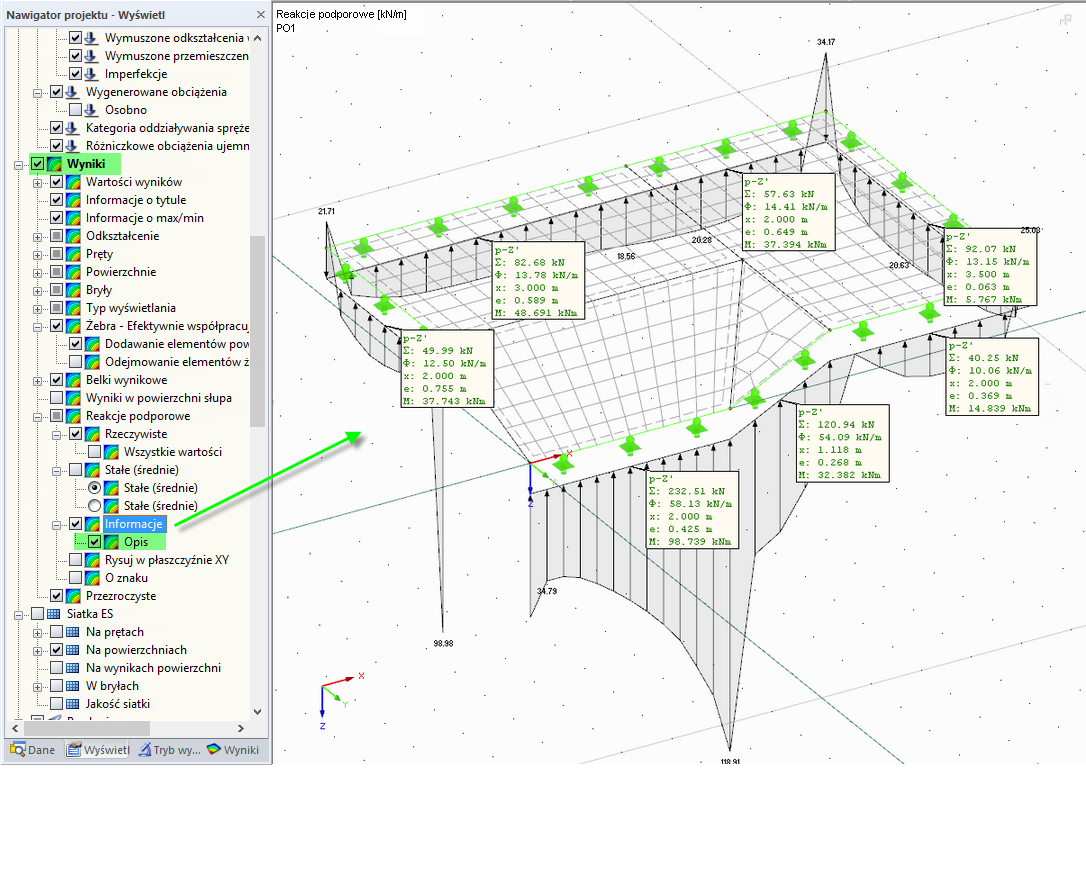 Wyświetlanie dodatkowych informacji dotyczących podpór liniowych