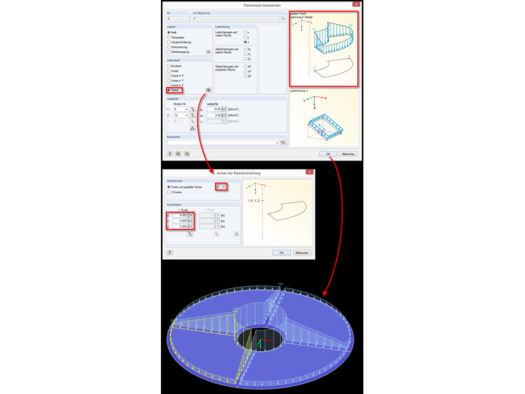 Edytuj obciążenie powierzchniowe: Rozkład obciążenia „promieniowy”