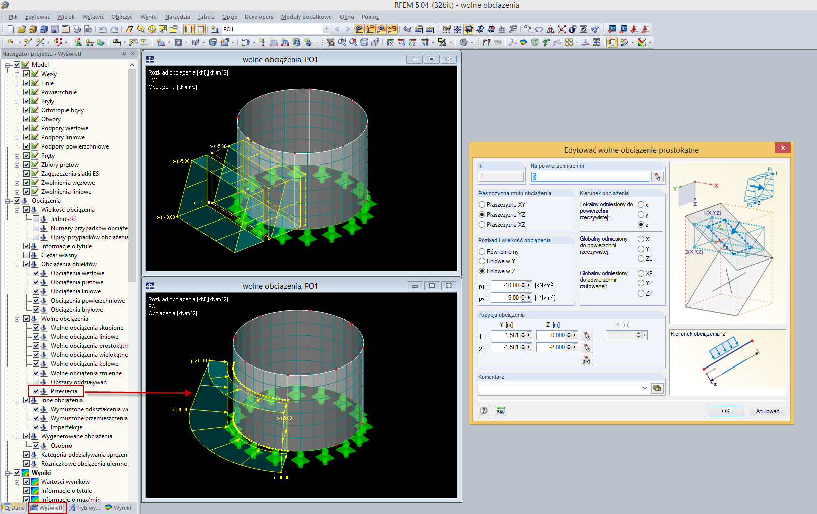 Wyświetlanie przecięcia swobodnych obciążeń powierzchniowych