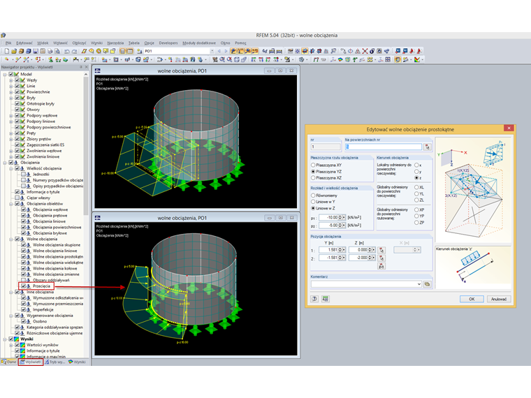 Wyświetlanie przecięcia swobodnych obciążeń powierzchniowych
