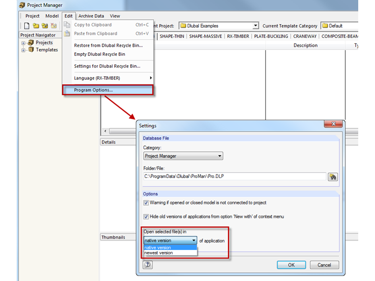 Festlegung des Standardprogramms im Projektmanager