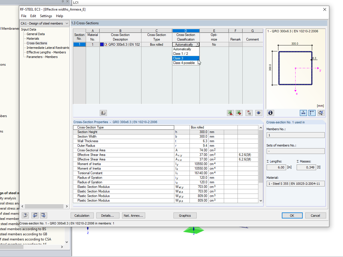 Manuelle Auswahl der Querschnittsklasse