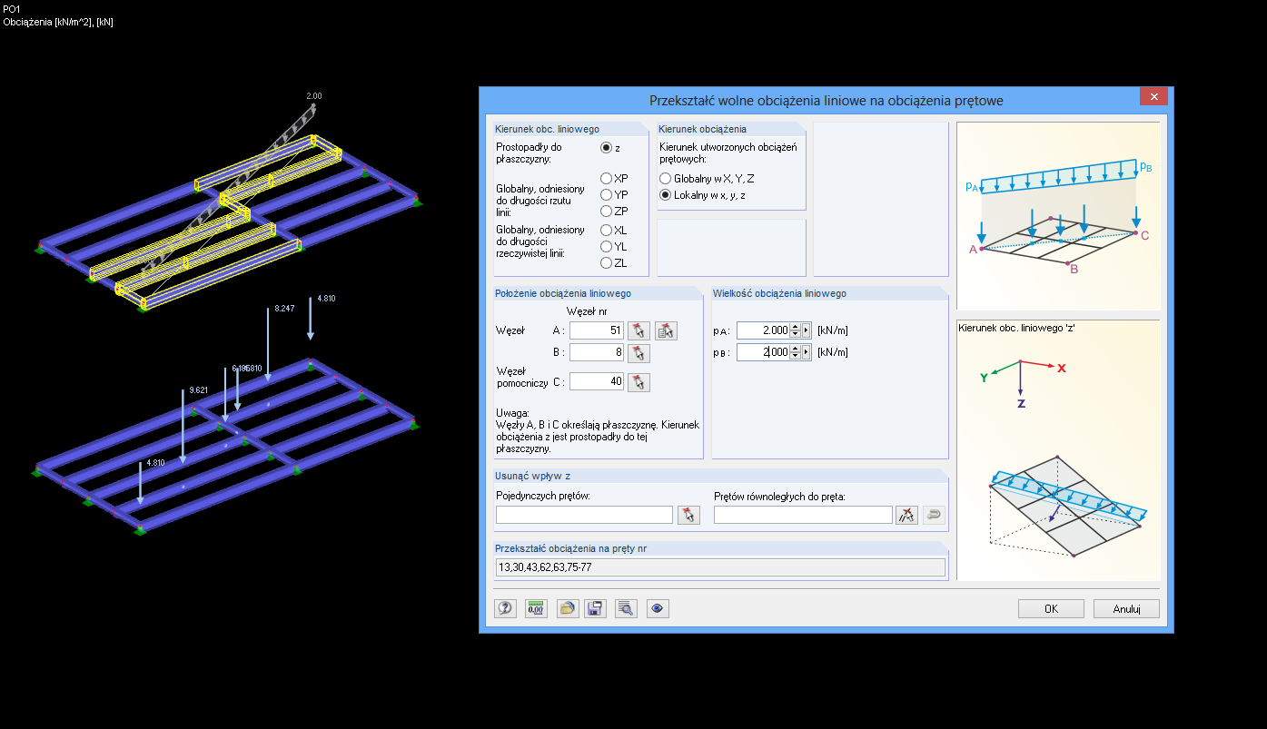 Obciążenie prętowe według obciążenia liniowego