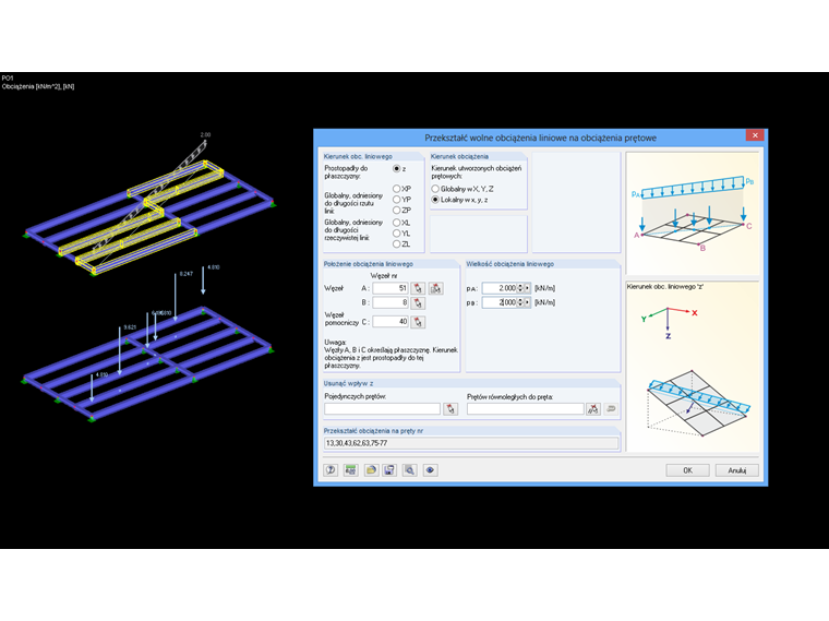 Obciążenie prętowe według obciążenia liniowego