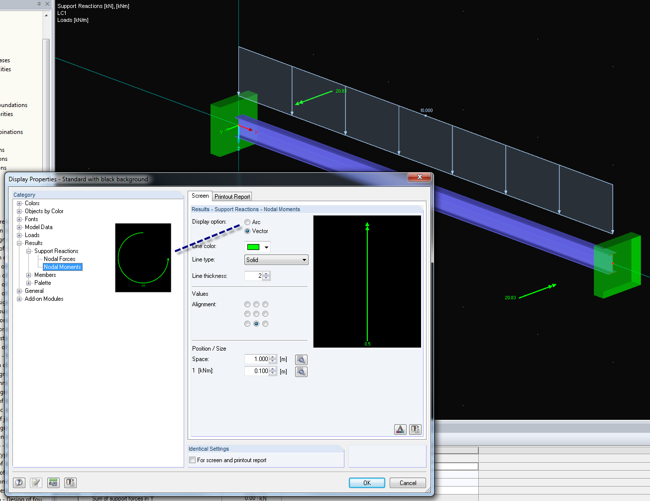 Wyświetlanie momentów podporowych jako wektorów