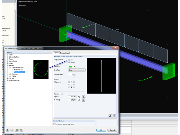 Wyświetlanie momentów podporowych jako wektorów