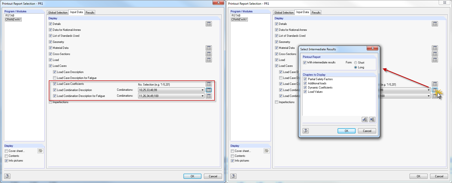 Wybór kombinacji obciążeń w protokole wydruku