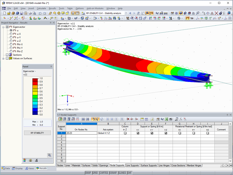 Kształt postaci wyboczeniowej oraz współczynnik obciążenia krytycznego w RF-STABILITY