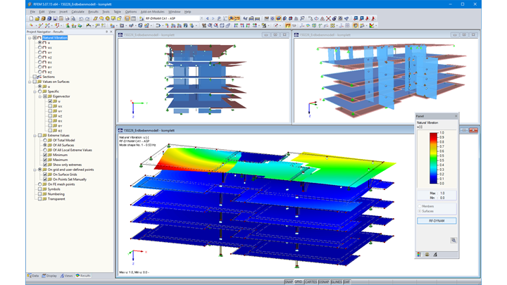 Model pięciokondygnacyjnego drewnianego domu pasywnego w RFEM z pierwszym kształtem drgań (© Pirmin Jung Ingenieure)