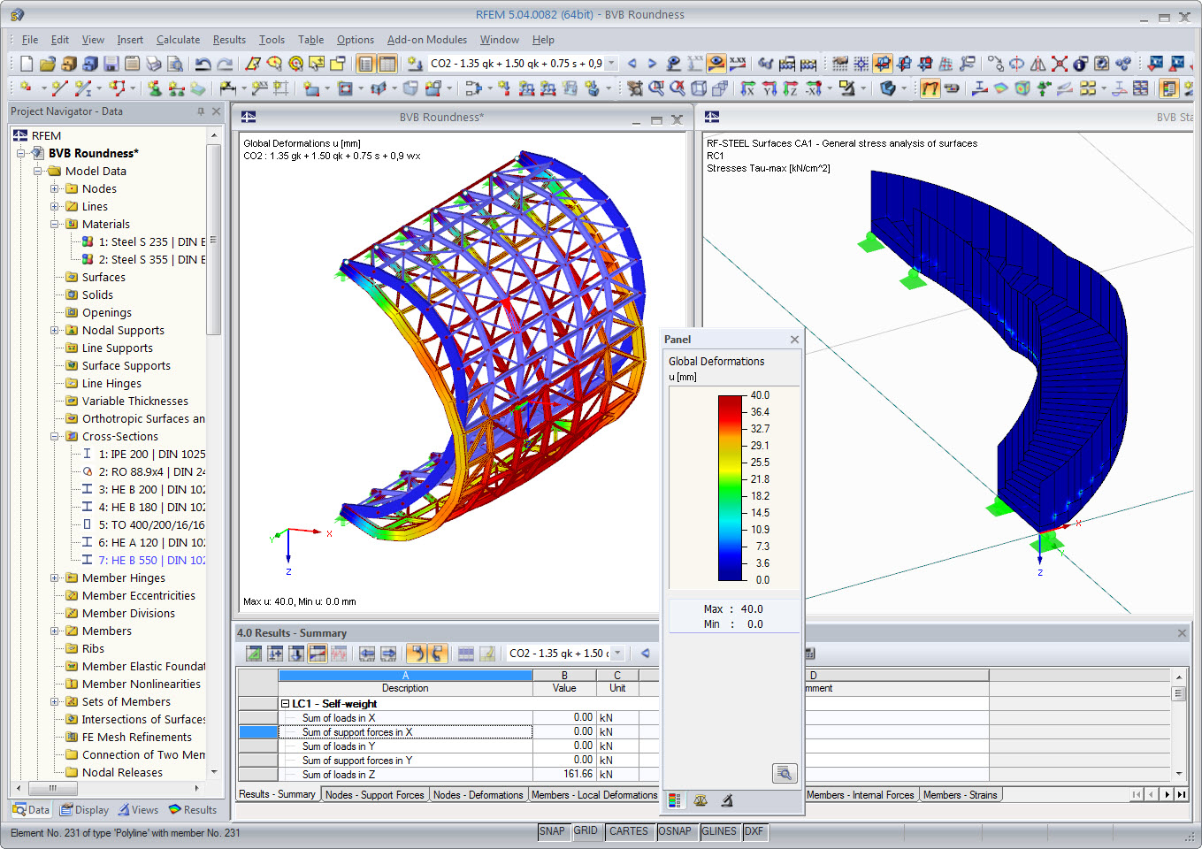 Modele zaokrągleń i schodów z wynikami w RFEM (© osd GmbH & Co. KG)