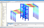 Model 3D konstrukcji hali z wizualizacją odkształceń w RFEM (© pbr)