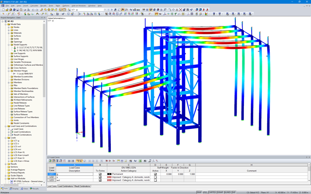 Model 3D konstrukcji hali z wizualizacją odkształceń w RFEM (© pbr)