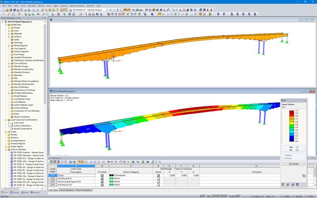 Model 3D (góra) i pierwszy kształt drgań własnych (dół) mostu w RFEM (© StructureCraft Builders Inc.)
