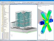 Model 3D siedziby Markas (po lewej) i analiza naprężeń węzła kratownicowego w RFEM (po prawej, © ATP)