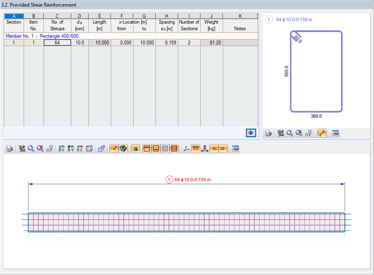 Okno dialogowe "Dostarczone zbrojenie na ścinanie"