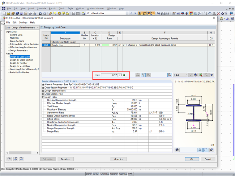 Końcowy wynik obliczeń w RF-STEEL AISC