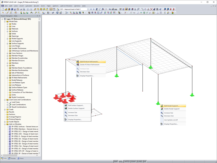 Menu skrótów dla podpór i zagęszczenia siatki ES