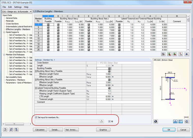 Pole wyboru "Ustaw dane wejściowe dla pręta nr."