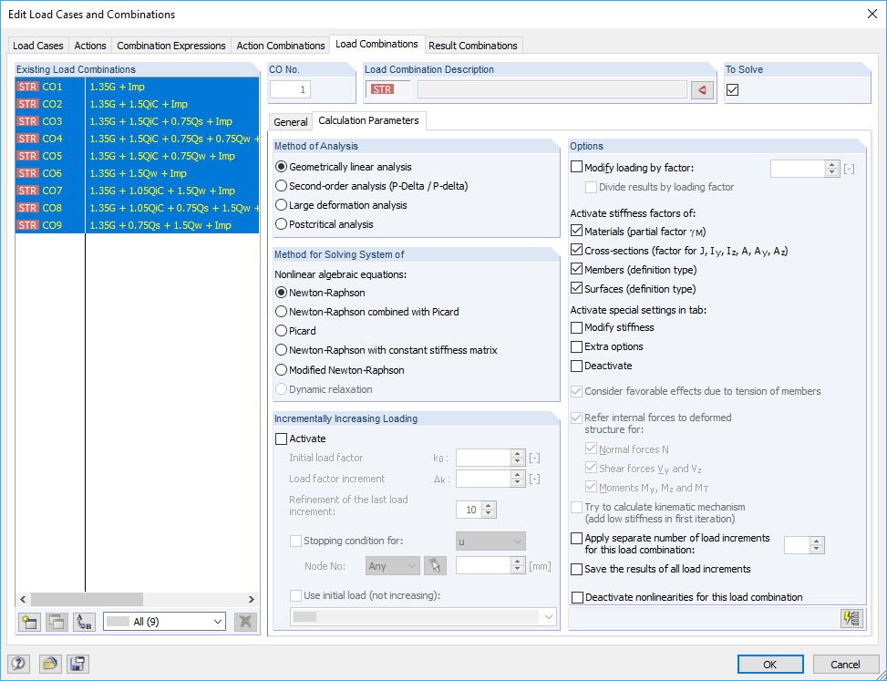 Zmiana metody analizy dla wybranych kombinacji obciążeń