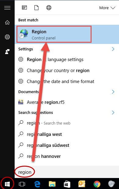 Otwieranie okna dialogowego "Region"