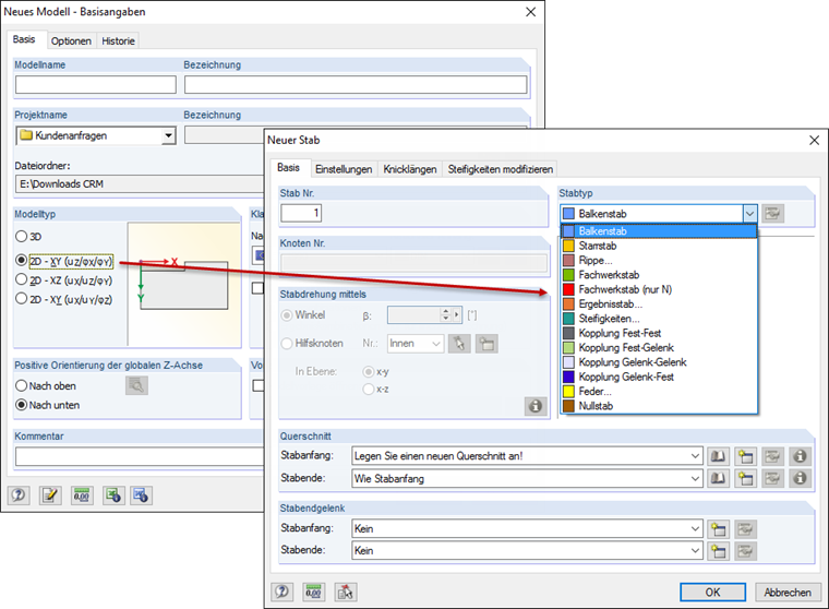Prezentacja dostępnych opcji w układzie 2D z działaniem płyt, w którym wyłączono pręty zanikające.