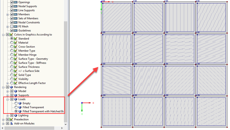 Wyświetlanie kreskowania dla obciążeń powierzchniowych