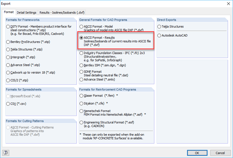 Opcja "Format ASCII - Wyniki"