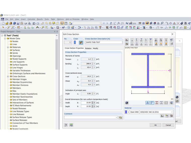 Importowany przekrój SHAPE-THIN w programie RFEM/RSTAB
