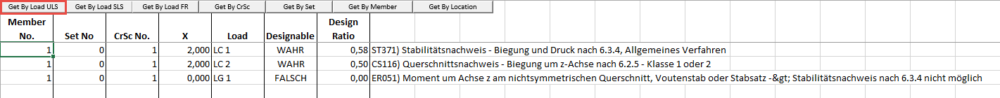 Wyniki STEEL EC3 odnoszące się do przypadku obciążenia poprzez RS-COM w programie EXCEL