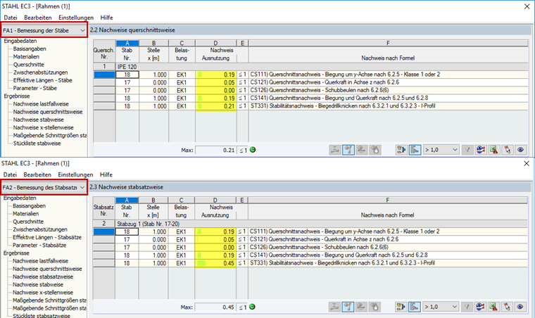 Wyniki obliczeń - Pręty i zbiory prętów
