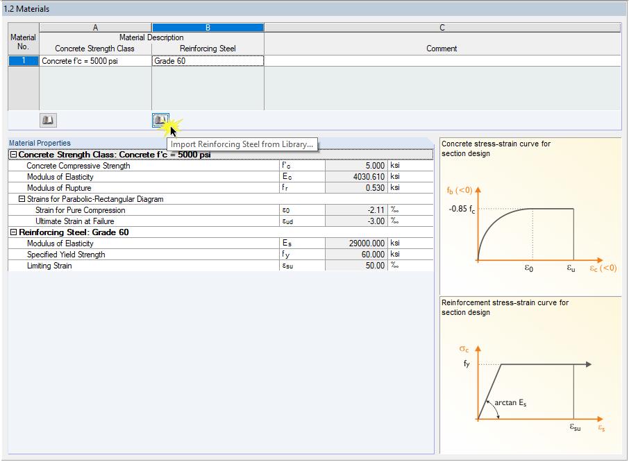 Otwieranie biblioteki za pomocą stali zbrojeniowej w oknie „1.2 Materiały”
