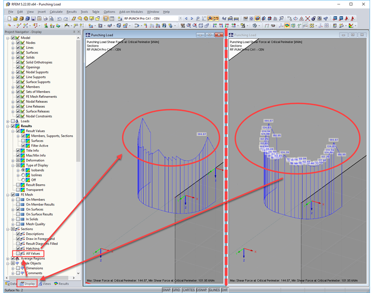 Wartości wyników siły tnącej na obwodzie krytycznym