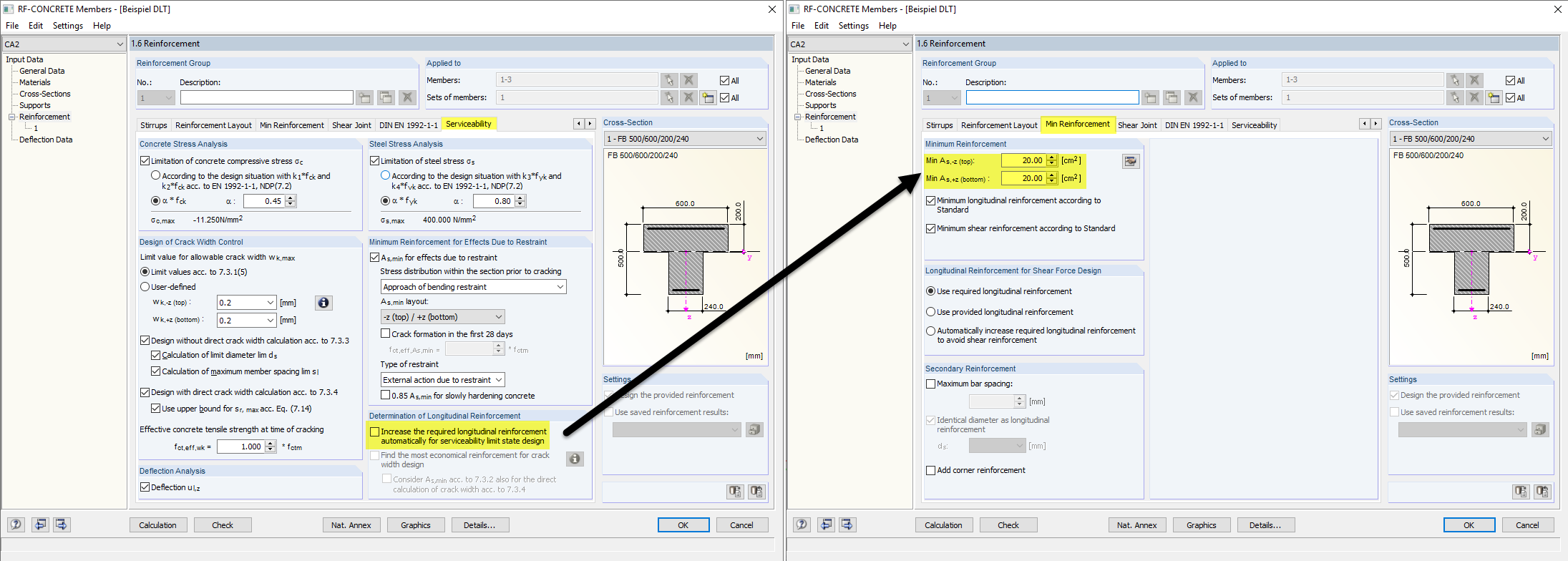 Wyłączanie zwiększania zbrojenia podłużnego i aktywowanie zbrojenia minimalnego