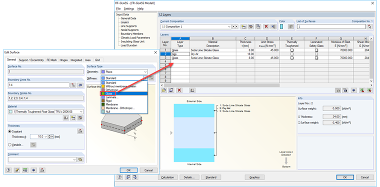 Typ powierzchni „Szklana” w RFEM i definiowanie konstrukcji warstwowej w RF-GLASS