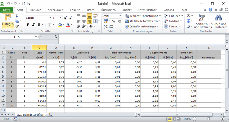 Wyeksportowane siły wewnętrzne w programie Excel