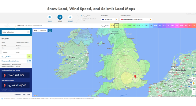 Usługa online "Mapy obciążenia śniegiem, prędkością wiatru i obciążeń sejsmicznych"